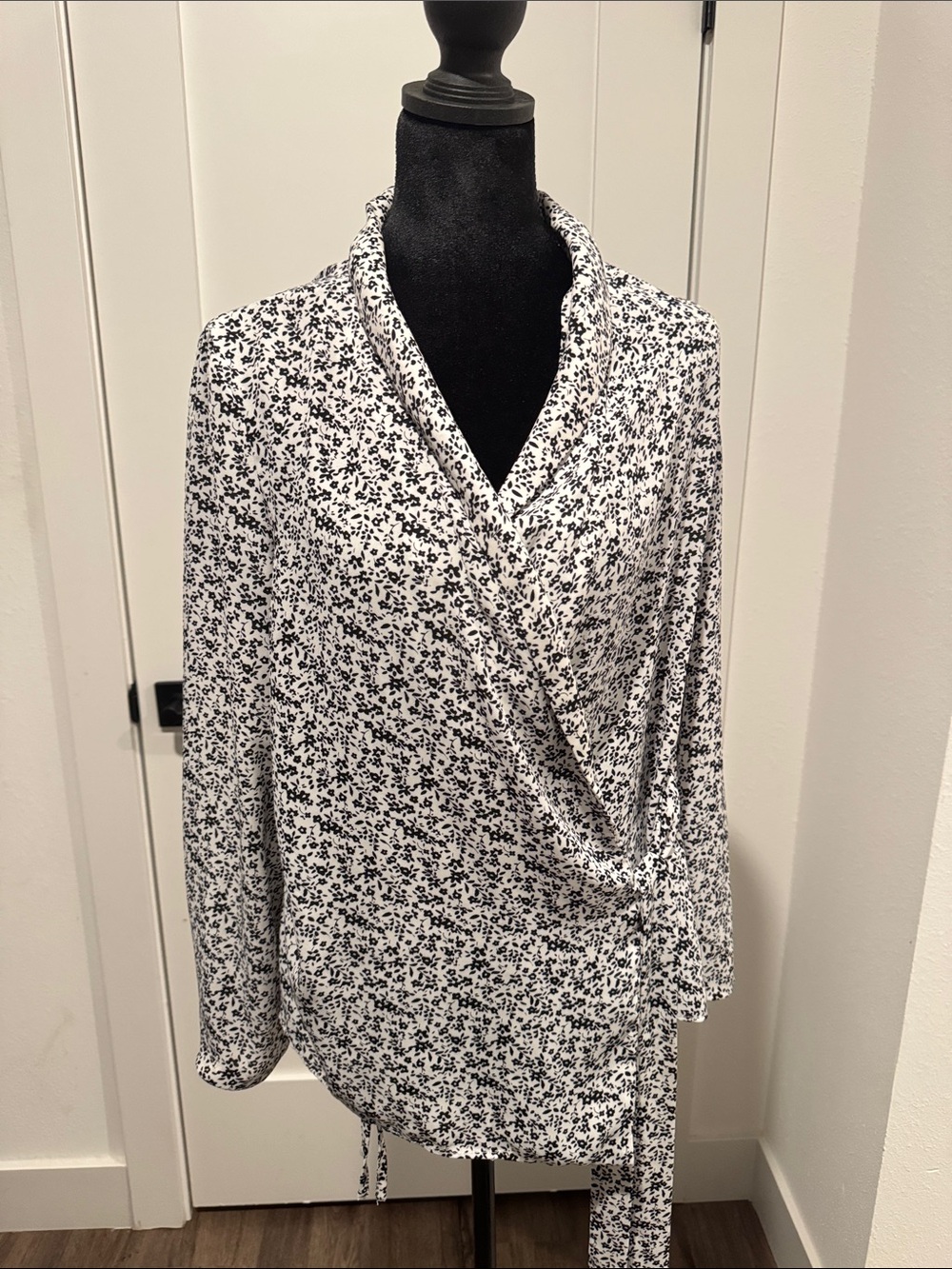 Adrianna Papell Black and White Floral Wrap Blouse